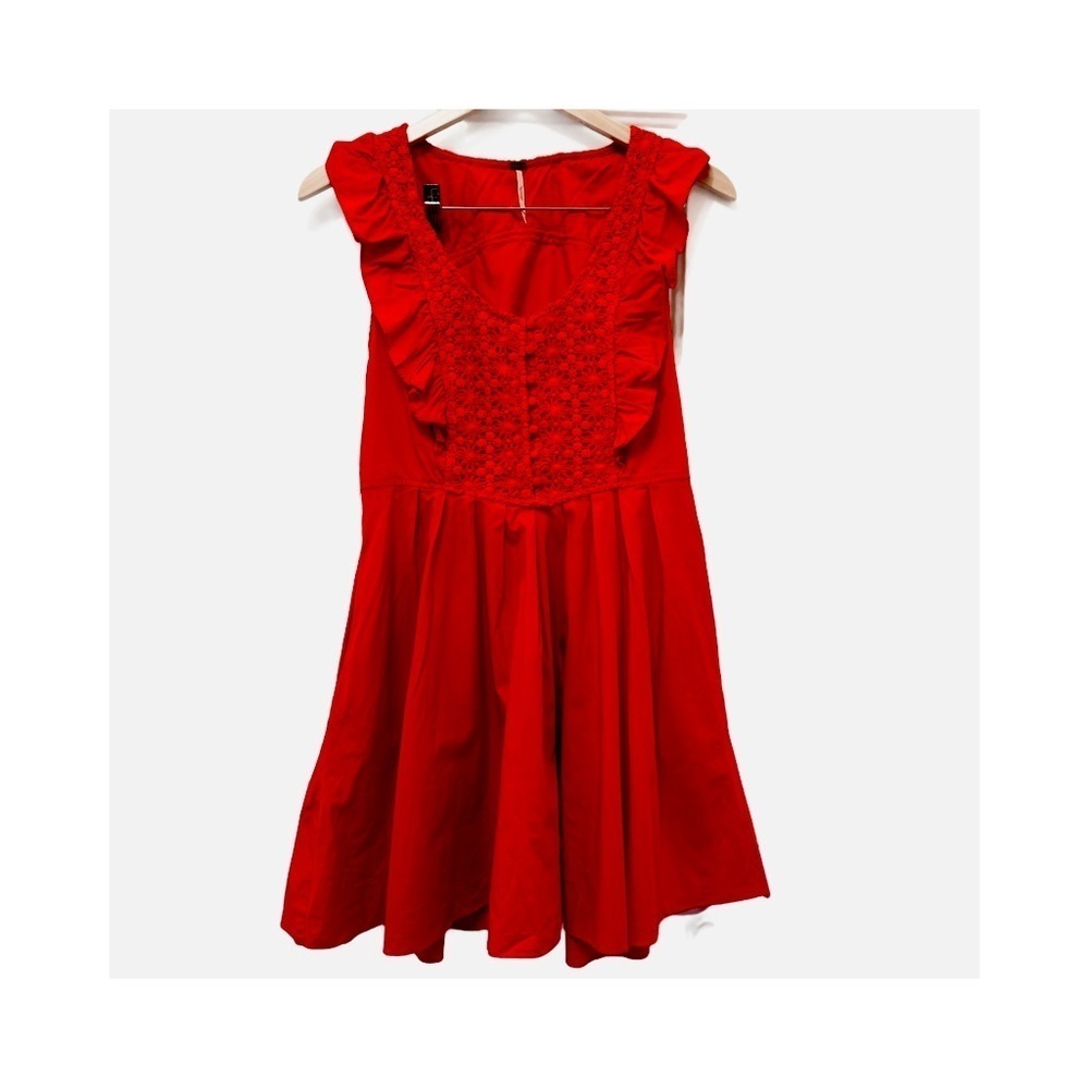 Free People Half Moon Hot Lava Mini Dress Size M Cotton Eyelet Lace Pockets